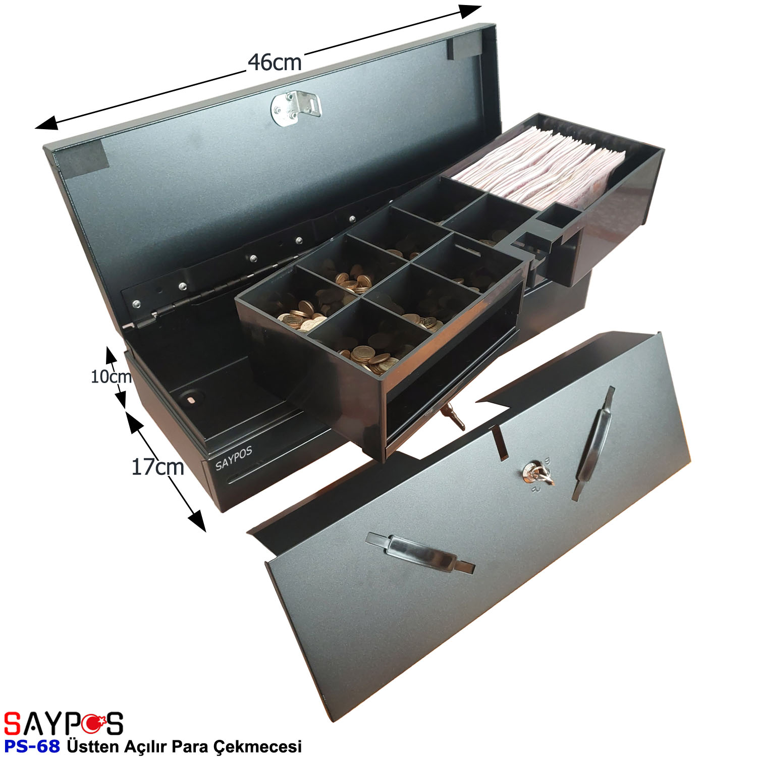 Flip%20Top%20Para%20Çekmecesi%2012V%20Pos%20Bağlantılı%20Üstten%20Açılır%20Metal%20Para%20Kasası%206%20Dikey%20Banknot%2046x17x10cm