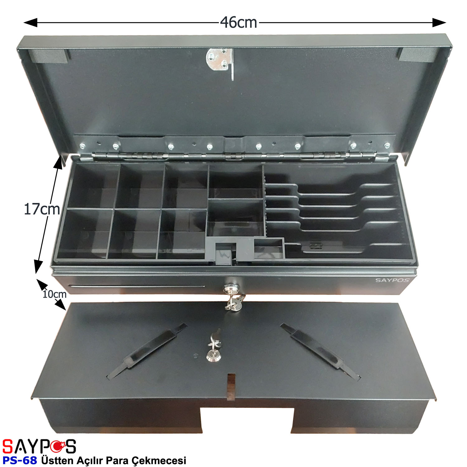 Saypos%20Para%20Kasası%20Üstten%20Açılır%20Flip%20Top%20Metal%20Para%20Çekmecesi%206%20Banknot%208%20Madeni%20Para%20Bölmeli%2046x17x10cm