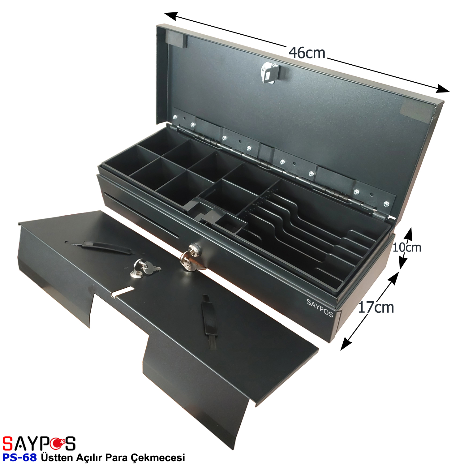 Flip%20Top%20Para%20Çekmecesi%2012V%20Pos%20Bağlantılı%20Üstten%20Açılır%20Metal%20Para%20Kasası%206%20Dikey%20Banknot%2046x17x10cm