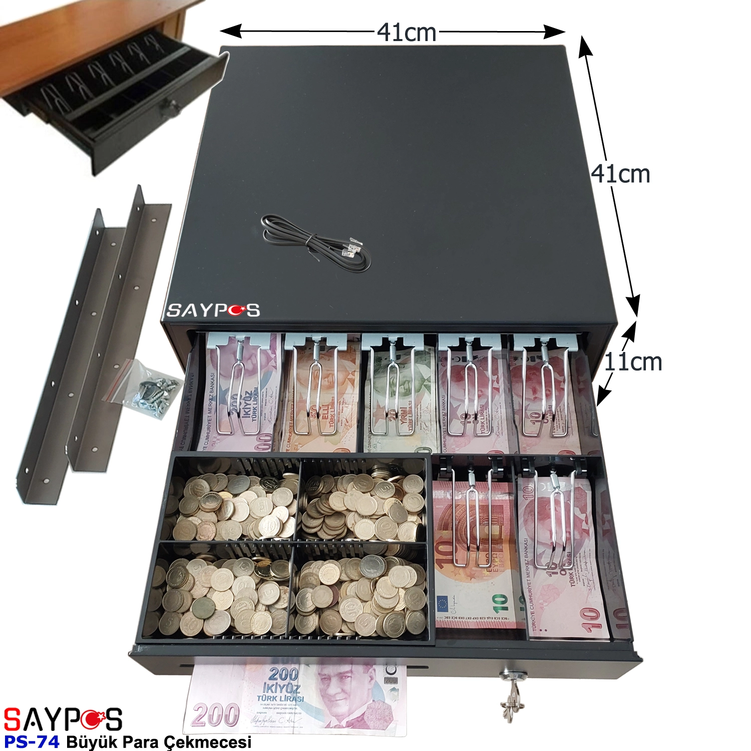 Masa%20Altı%20Montaj%20Askılı%20ve%20Verifone%20MX915%20Yazarkasalarla%20Uyumlu%207%20Banknot%20Para%20Çekmecesi%2041x41x11cm