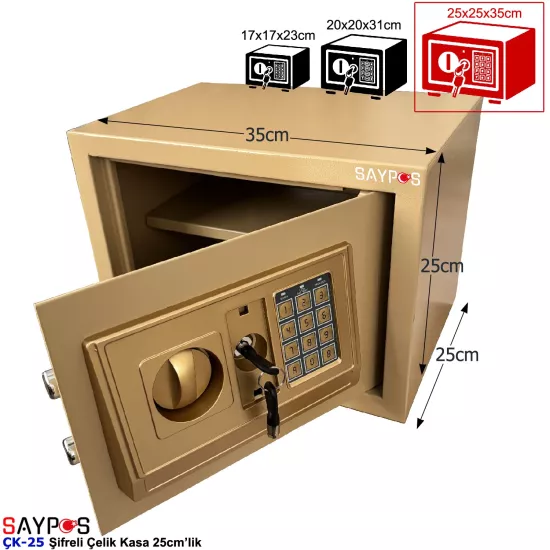Saypos Gold Serisi Para Kasası Orta Boy Şifreli ve Düğmeli Elektronik Çelik Kasa 25cm’lik