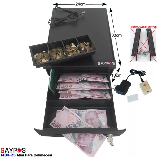 Kolay Açma Buton ve Adaptörlü Düğmeden Açılır Mini Para Çekmecesi 24x33x10cm