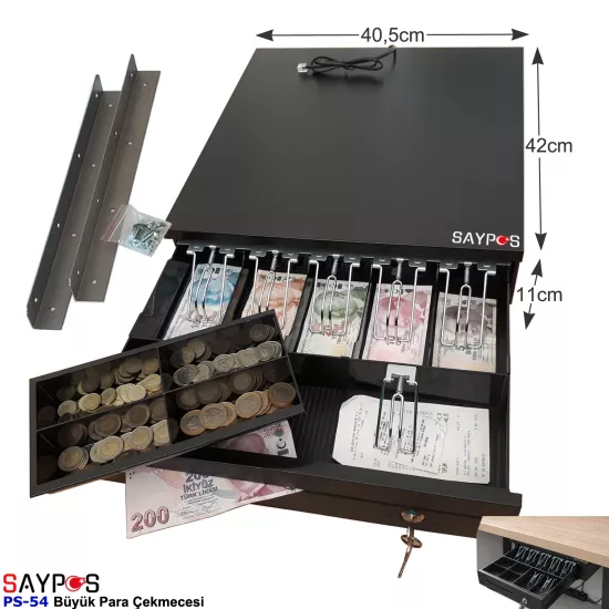 Montaj Askılı Slip Gözlü 5 Kağıt Para Bölmeli Anahtarlı Pos Bağlantılı Para Çekmecesi 40,5x42x11cm