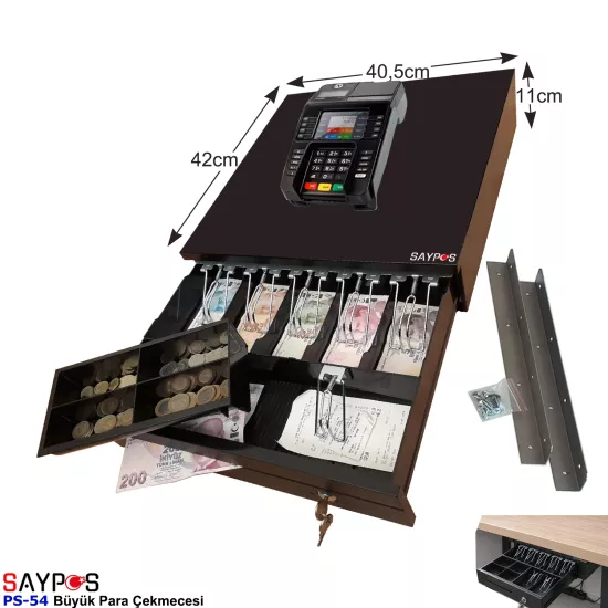 Slip Gözlü İngenico Uyumlu ve Montaj Askılı 5 Geniş Kağıt Para Gözlü Büyük Para Çekmecesi 40,5x42x11cm