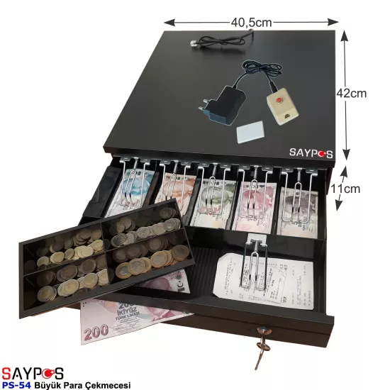 Açma Butonlu Slip Gözlü 5 Kağıt Para Bölmeli Anahtarlı Pos Bağlantılı Para Çekmecesi 40,5x42x11cm