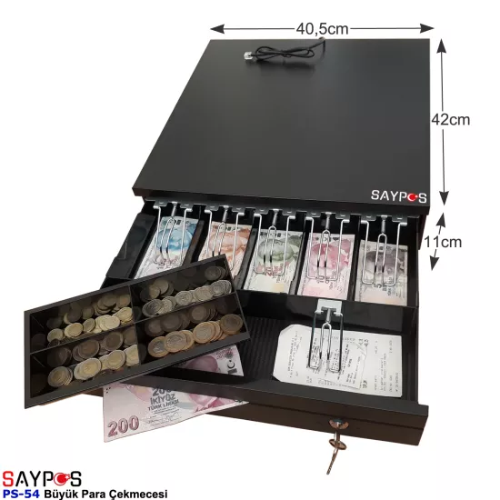 Slip Gözlü 5 Geniş Kağıt Para Bölmeli Anahtarlı ve Pos Bağlantılı Büyük Para Çekmecesi 40,5x42x11cm