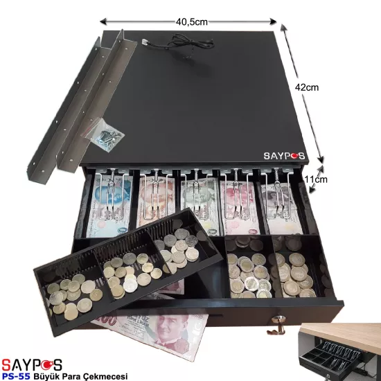Masa Altı Montaj Askılı 5 Geniş Banknot Gözlü Anahtardan Açılır Büyük Para Çekmecesi 40,5x42x11cm
