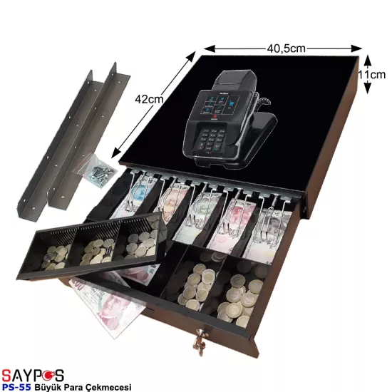 MX915 Uyumlu ve Montaj Askılı 5 Geniş Kağıt Para Gözlü Büyük Para Çekmecesi 40,5x42x11cm