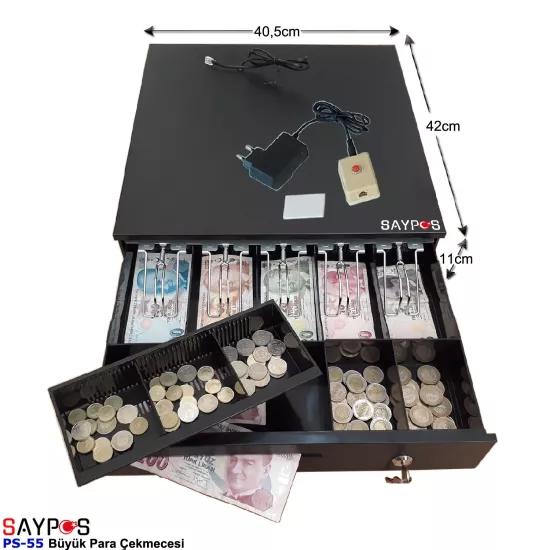 Kolay Açma Butonlu 5 Geniş Banknot Gözlü Anahtardan Açılır Büyük Para Çekmecesi 40,5x42x11cm