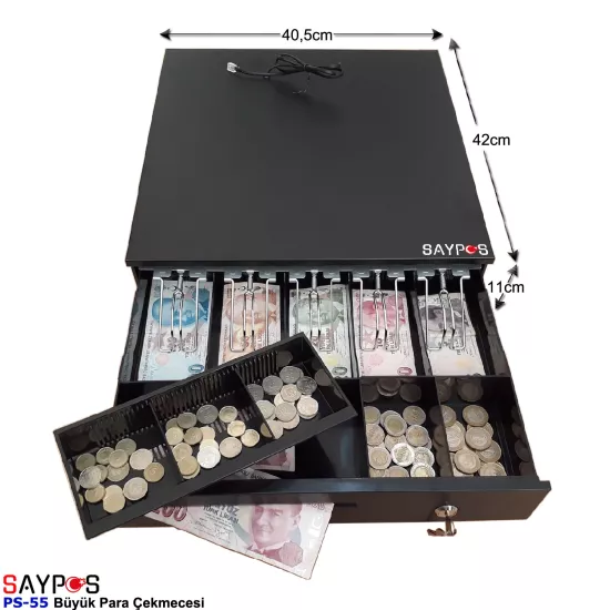 5 Geniş Banknot Gözlü Anahtardan ve Yazarkasa Postan Açılır Büyük Para Çekmecesi 40,5x42x11cm