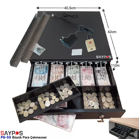 Açma Butonlu ve Montaj Askılı (Takım) 5 Banknot Gözlü Anahtardan Açılır Para Çekmecesi 40,5x42x11cm