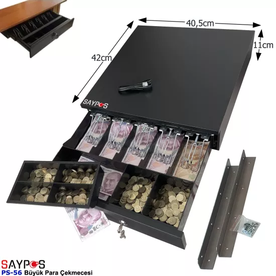 Masa Altı Montaj Askılı 5 Geniş Banknot Gözlü Anahtardan Açılır Büyük Para Çekmecesi 40,5x42x11cm