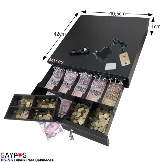 Kolay Açma Buton ve Adaptörlü 5 Geniş Banknot Gözlü ve Anahtarlı Büyük Para Çekmecesi 40,5x42x11cm