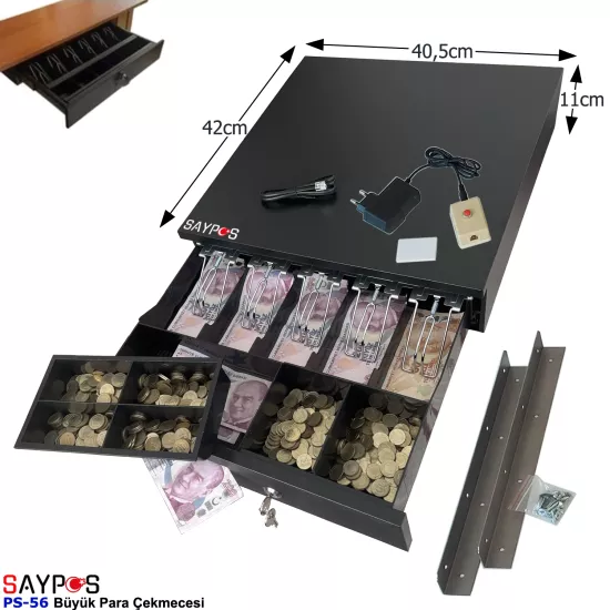 Açma Butonlu ve Montaj Askılı (Takım) 5 Geniş Banknot Gözlü Büyük Para Çekmecesi 40,5x42x11cm