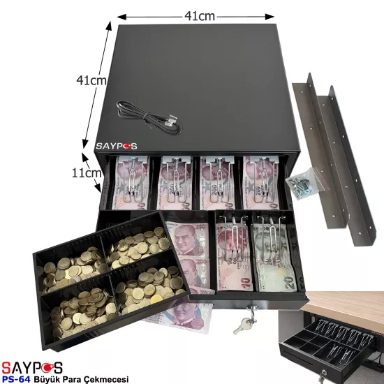 6 Banknot Gözlü Masa Altı Montaj Askılı, Pos Bağlantılı, Anahtardan Açılır Para Çekmecesi 41x41x11cm