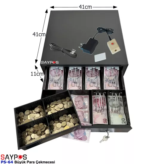 6 Banknot Gözlü Kolay Açma Buton ve Adaptörlü, Anahtardan Açılır Para Çekmecesi 41x41x11cm