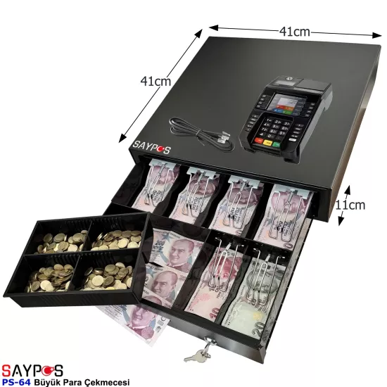 6 Banknot Gözlü Ingenico Yazarkasa Poslarla Uyumlu Anahtardan Açılır Büyük Para Çekmecesi 41x41x11cm