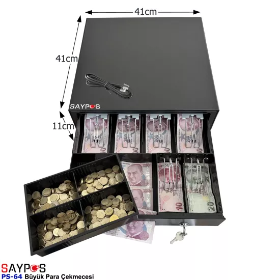 6 Banknot Gözlü Yazarkasa Pos Bağlantılı ve Anahtardan Açılır Büyük Para Çekmecesi 41x41x11cm
