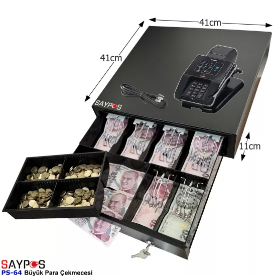 6 Banknot Gözlü MX915 Yazarkasa Poslarla Uyumlu Anahtardan Açılır Büyük Para Çekmecesi 41x41x11cm