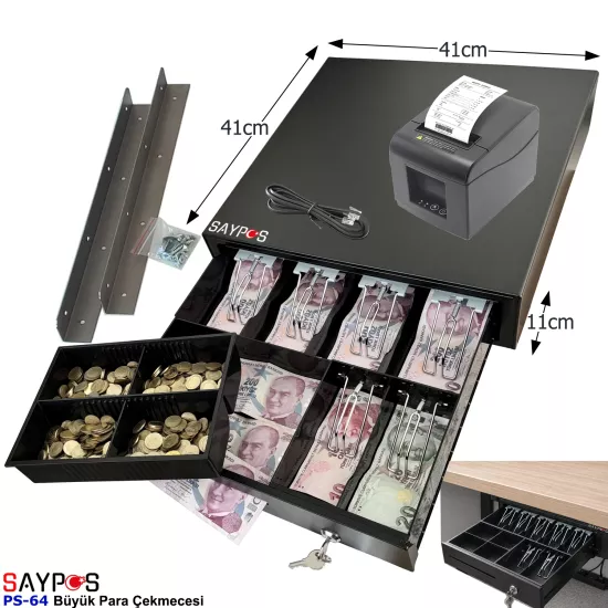 6 Banknot Gözlü Montaj Askılı ve 12V Fiş Yazıcılarla Uyumlu Büyük Para Çekmecesi 41x41x11cm