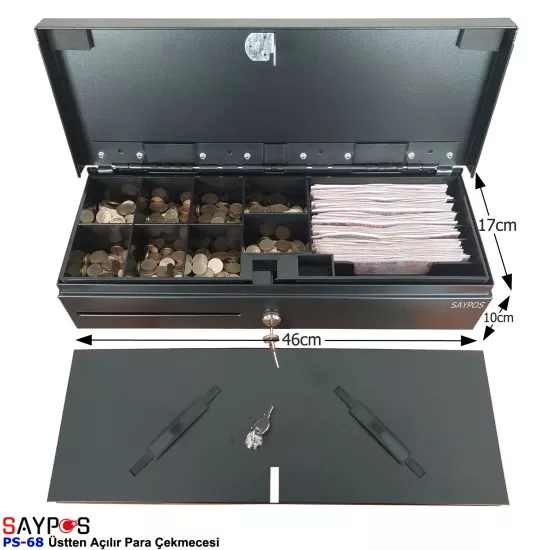 İngenico ve MX915 Uyumlu Flip Top Para Çekmecesi Anahtarlı Üstü Açılır Metal Para Kasası 46x17x10cm