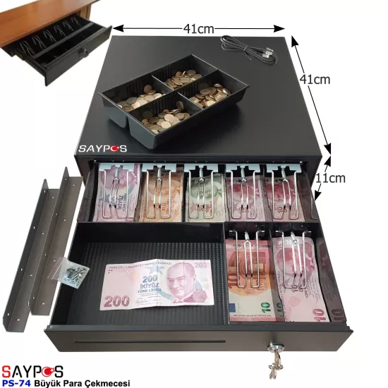 7 Banknot Gözlü Masa Altı Montaj Askılı, Pos Bağlantılı, Anahtardan Açılır Para Çekmecesi 41x41x11cm