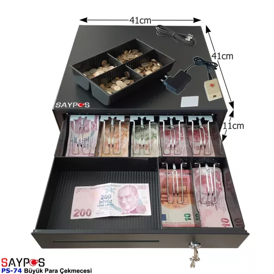 7 Banknot Gözlü Kolay Açma Buton ve Adaptörlü, Anahtardan Açılır Para Çekmecesi 41x41x11cm