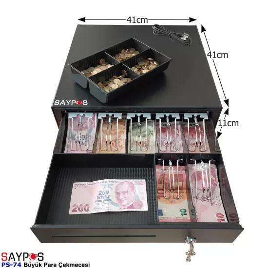 7 Banknot Gözlü Yazarkasa Pos Bağlantılı ve Anahtardan Açılır Büyük Para Çekmecesi 41x41x11cm