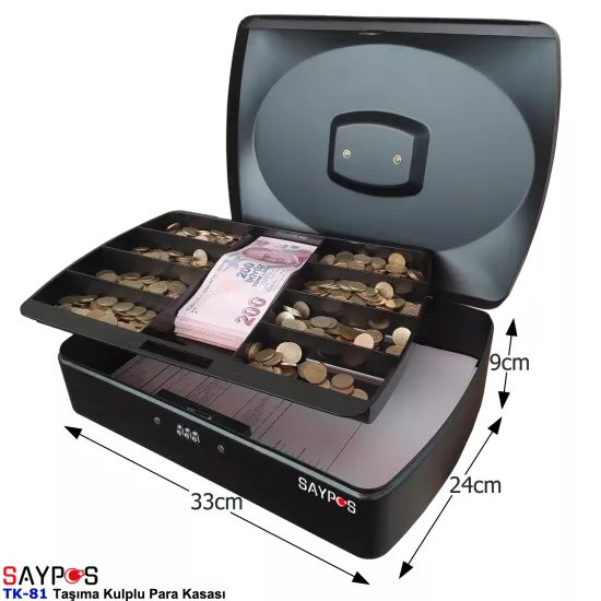 Taşıma Kulplu ve Şifreli Metal Para Kasası 9 Bölmeli 33x24x9cm