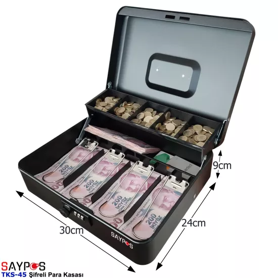Saypos TK45 Şifreli Para Kasası 4 Banknot 5 Madeni Para Gözlü 30x24x9cm