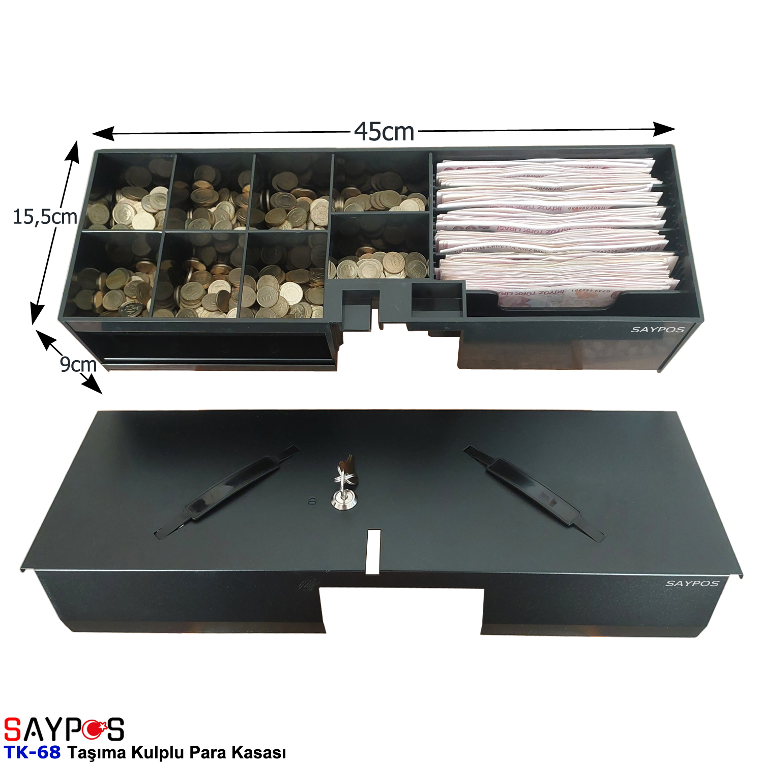 Saypos%20TK68%20Para%20Kasası%20Taşıma%20Kulplu%206%20Banknot%208%20Madeni%20Para%20Gözlü%2045x15,5x9cm