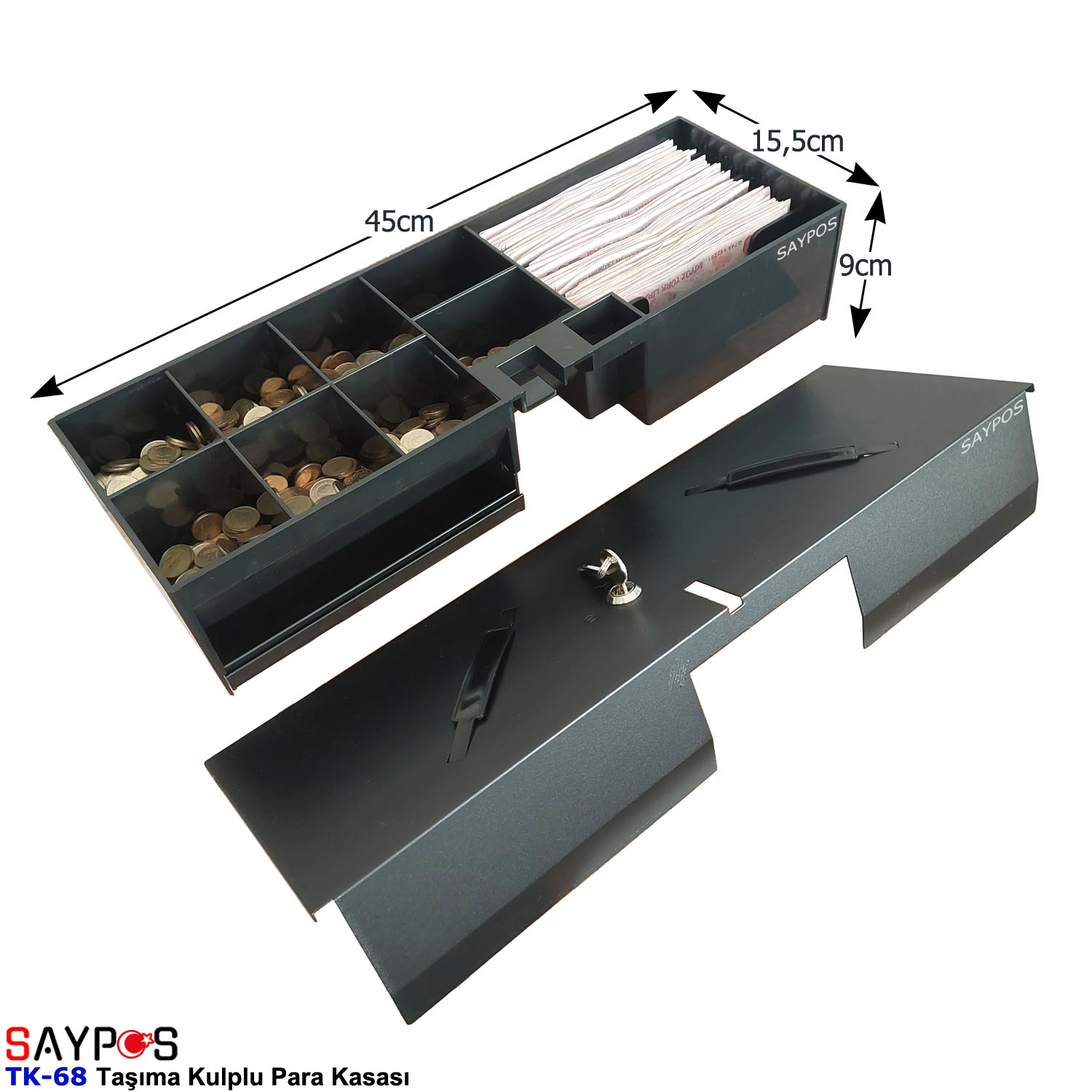 Saypos%20TK68%20Para%20Kasası%20Taşıma%20Kulplu%206%20Banknot%208%20Madeni%20Para%20Gözlü%2045x15,5x9cm